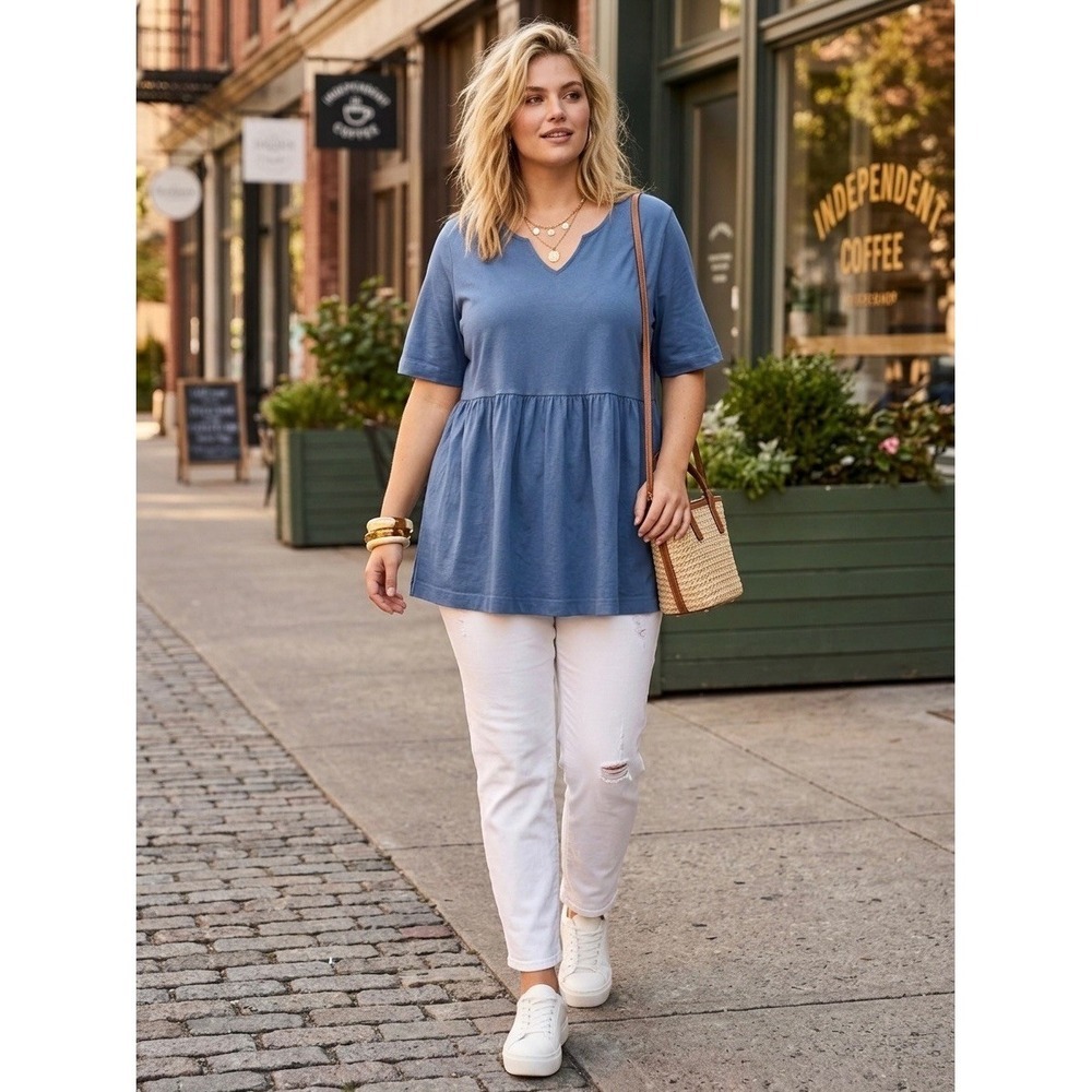 Ulla Popken Blue Cotton Babydoll Tunic Top Peplum V-Neck Plus Size 16/18